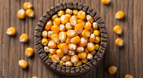 Golden corn kernels in a rustic bowl on wooden table