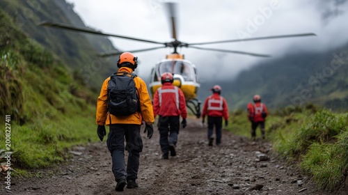 Rescue team members in gear walk toward a helicopter on a rocky mountain path surrounded by misty, green hills.