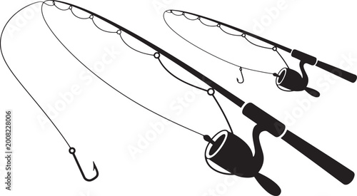 Two fishing rods with reels and lines cast for catching fish, symbolizing outdoor pursuits. Vector Illustration