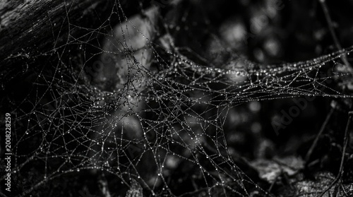 Close-up of a detailed spider web with water droplets in black and white.