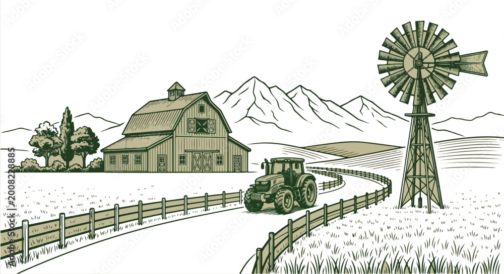Fototapeta premium Farm landscape with barn and windmill sketch vector illustration