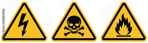 Fotografía Warning triangle icons displaying danger symbols such as flammable risk, electri