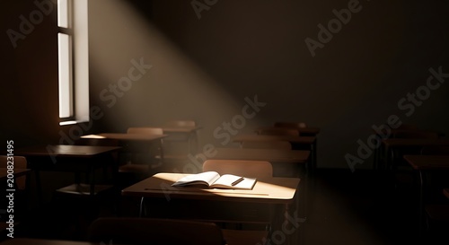 Cinematic empty classroom with dramatic light ray, open book on wooden school desk, dark moody atmosphere for education and learning concepts