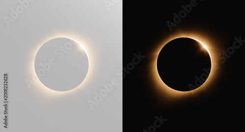 Obraz na plátně Realistic solar eclipse lens flare set, atmospheric glowing ring light and golde