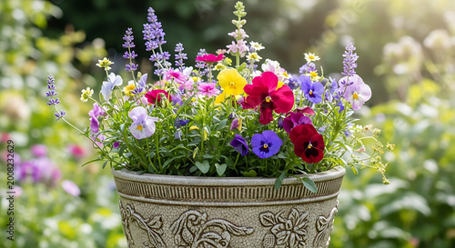 vibrant summer garden flowers in ornate terracotta pot with soft natural lighting