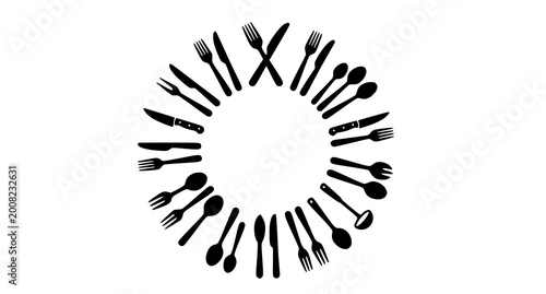 Quadro em tela Circular arrangement of cutlery forks knives and spoons in a black and white des