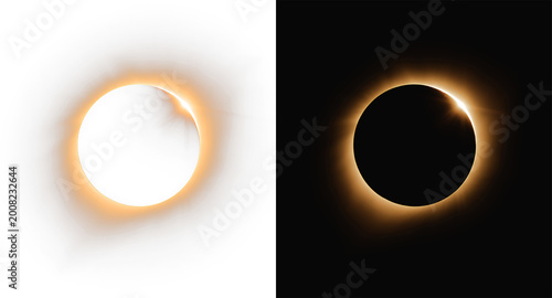Konstfotografi Realistic solar eclipse lens flare set, atmospheric glowing ring light and golde