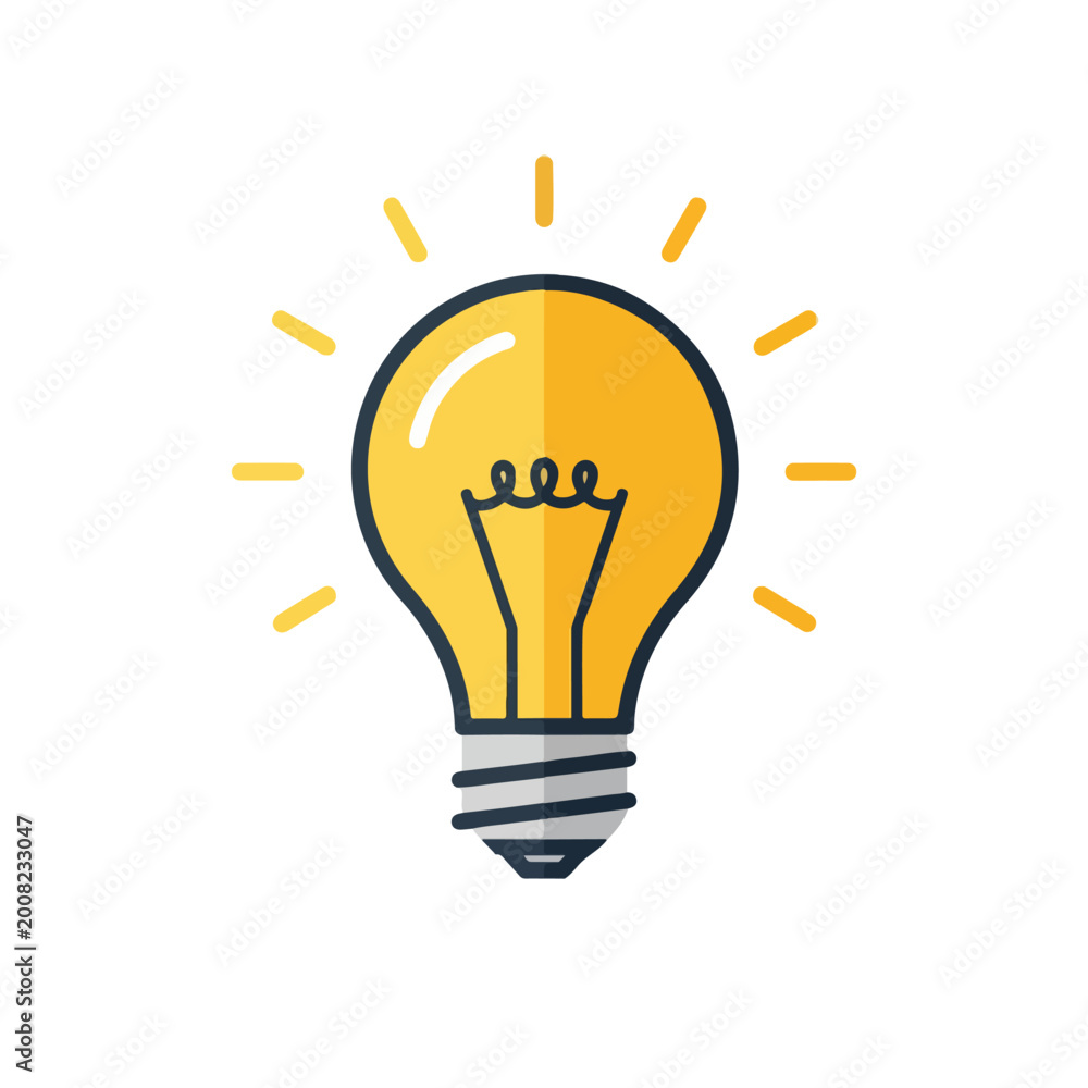 Fototapeta premium Flat vector illustration of a glowing yellow light bulb symbol.