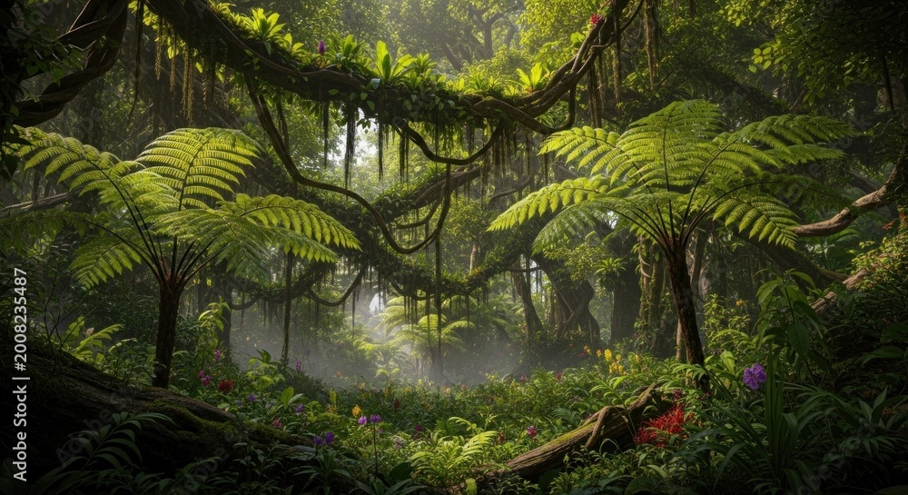 Naklejka premium Tropical rainforest with lush green foliage.