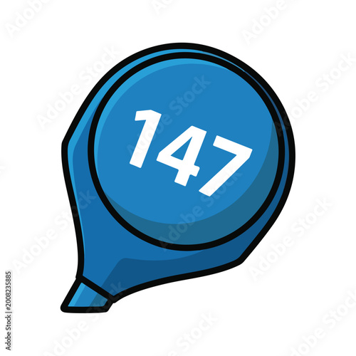 Foto Blue map pin icon with number one hundred forty seven inside.