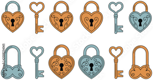 Tablou pe pânză Lock and key artwork presenting vintage ornate heart shaped padlocks with gold a