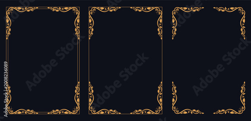 Foto Elegant Frame Trio: A captivating collection of three ornate frames, each adorned with intricate gold detailing against a dark backdrop