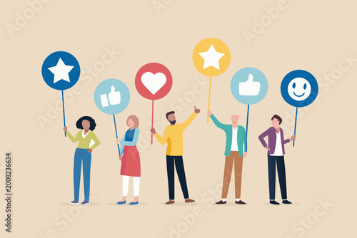 social media feedback icons with diverse people flat vector illustration