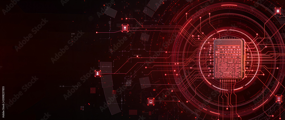 Fototapeta premium Abstract digital technology background with circuit patterns and glowing red elements