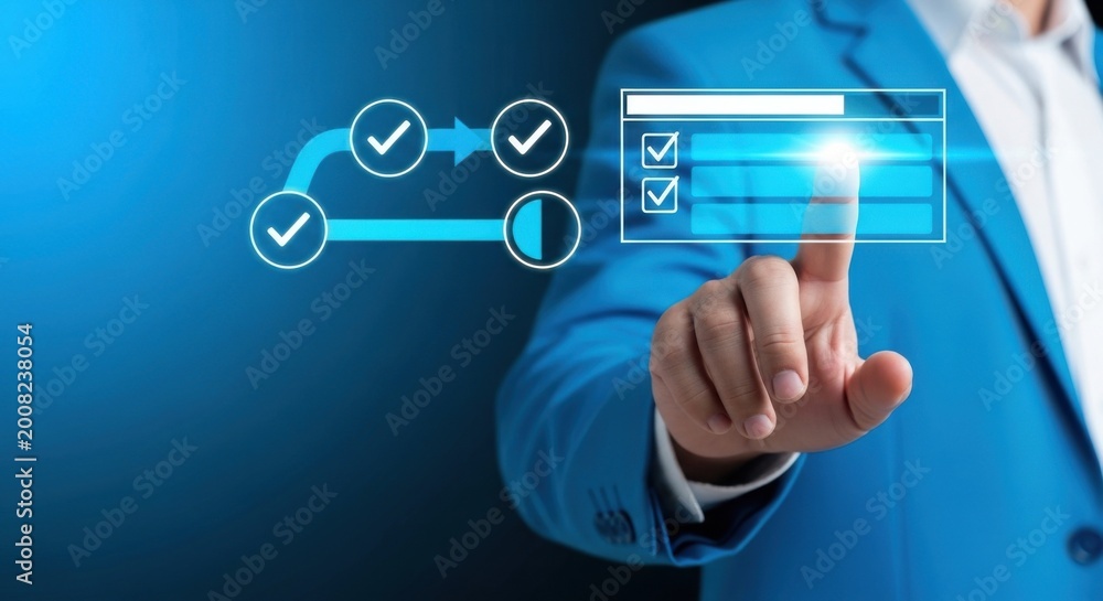 Obraz premium Businessman interacting with digital interface and checklist