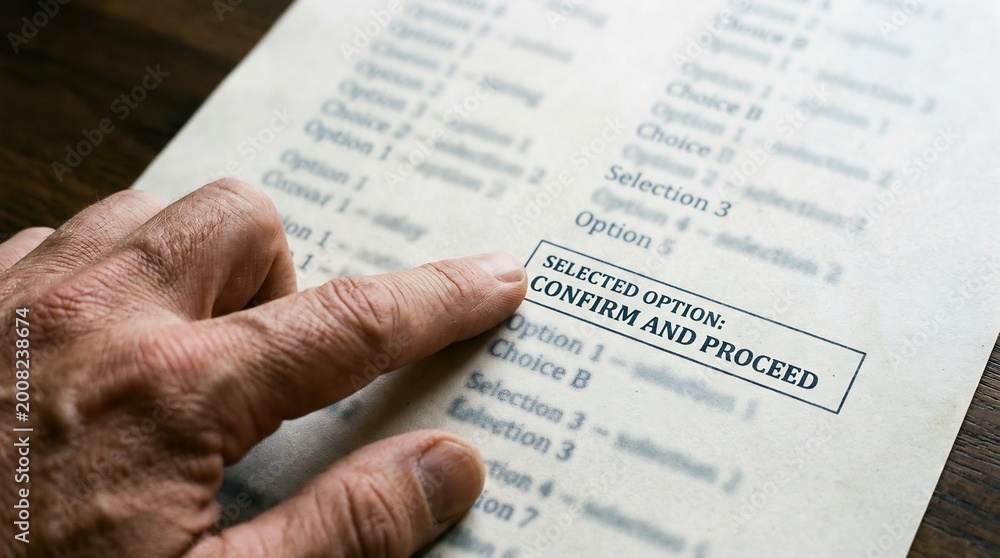 Obraz premium Hand points to a specific selection on a printed document that requires confirmation to proceed.