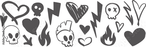 Tableau sur toile Grunge emo doodle set with hearts skulls lightning bolts and flame symbols in hand drawn cartoon style