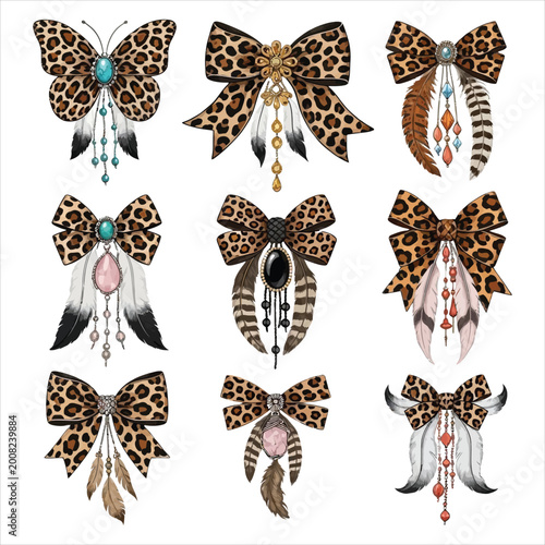 Set of leopard print bows decorated with feathers and turquoise gemstones for boho style