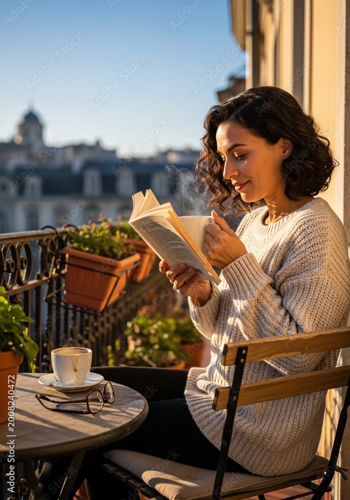 Fototapeta premium Young woman reading a book and drinking coffee on a terrace in Paris