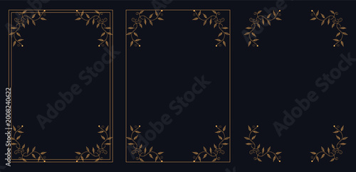 Obraz na plátně Elegant Frames: Set of three decorative golden frames adorned with delicate floral and leaf elements set against a deep background, offering a touch of refinement and grace