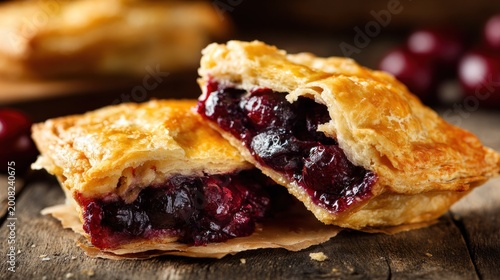 Golden baked fruit turnovers reveal rich, dark filling on rustic wooden surface