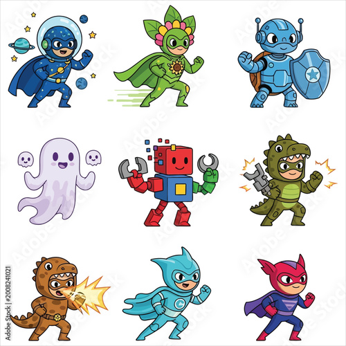 Collection of creative children dressed in imaginative costumes and cute robots isolated on white background vector graphic for educational activities