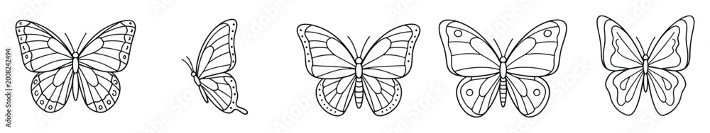 Fototapeta premium Collection of outline butterflies in various poses perfect for coloring pages or decorative graphic elements