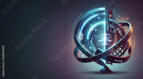 AI ethics regulation Concepts. Digital futuristic scales of justice with glowing blue and orange light effects on a dark background.