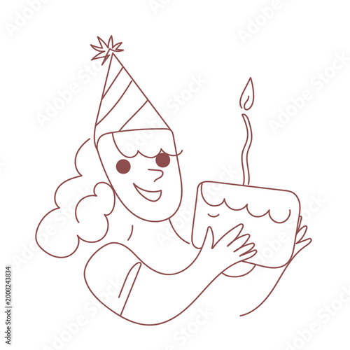 Woman with party hat holding birthday cake with candle. Vector doodle line drawing of happy girl celebrating anniversary. Minimalist sketch for festive greeting card and party invitation