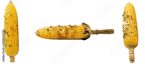 Set of corn on cob PNG collection, three grilled and raw golden maize ears on sticks isolated on white for street food posters, festival menus, farm branding and rustic designs

