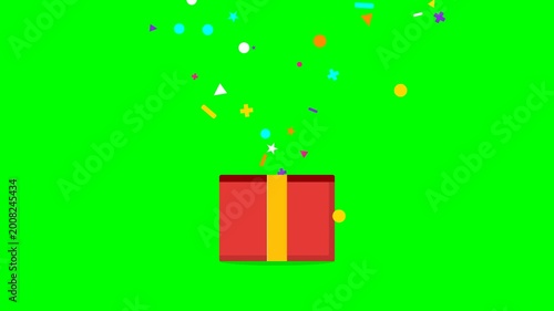 2D Animated Red Gift Box Opening with Colorful Geometric Confetti Shapes on Green Screen Background