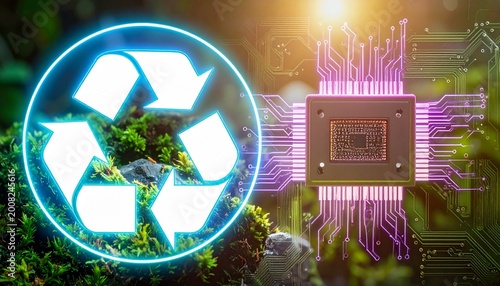 A glowing recycling symbol merges with a futuristic microchip, symbolizing sustainable technology—an emblem of eco-friendly innovation, digital progress, and harmony between nature and electronics.