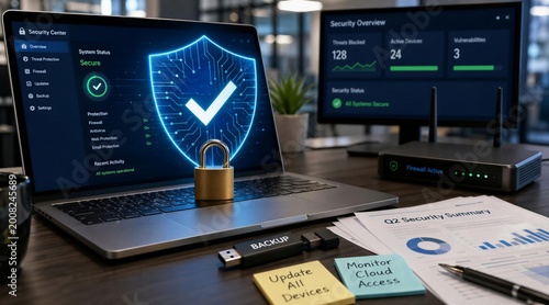 Cybersecurity Readiness for Small Business with Digital Shield Overlay and Golden Padlock on Laptop Keyboard