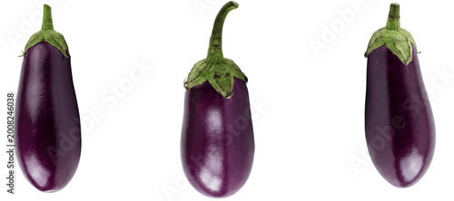 Set of purple eggplant PNG vegetables, three glossy aubergines isolated on white for recipe graphics, culinary branding, kitchen art, market posters and healthy food designs

