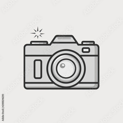 Minimalist line art camera icon with flash symbol.