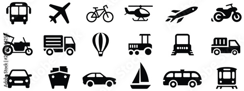 Transport icons showcasing transportation modes and service symbols for navigation, logistics, and mobility interface design