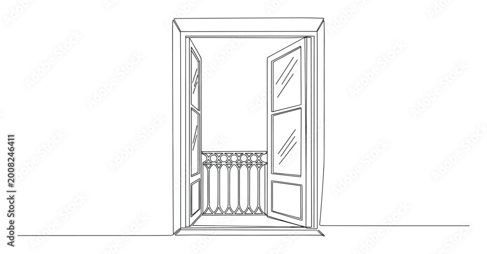 Fototapeta premium Architectural line drawing of an open window and balcony railing for elegant home design concepts