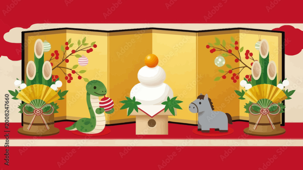 Fototapeta premium Japanese New Year Decoration Illustration with Zodiac Animals and Copy Space