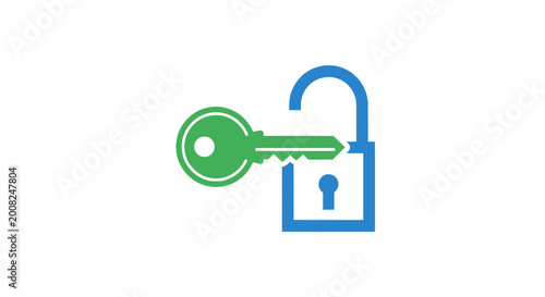 Schilderij op canvas Green key unlocking blue padlock.