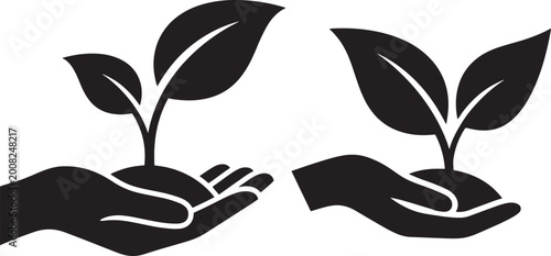 Hand holding plant sprout icons for growth and sustainability