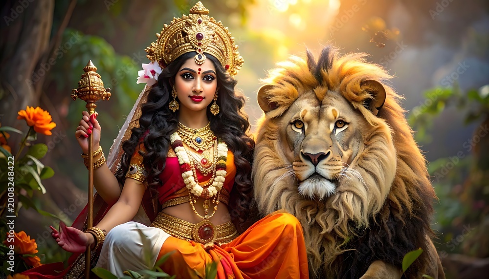 Fototapeta premium A serene goddess sits beside a majestic lion in a lush forest