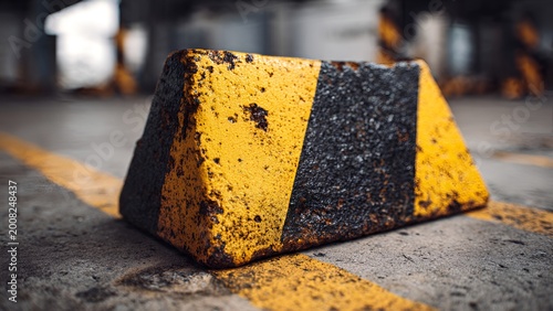 A weathered, yellow and black striped concrete traffic barrier rests on asphalt, marked by a