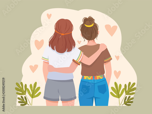 Friendship Day Flat Illustration with Two Girls Hugging, Hearts and Tropical Leaves Vector Background