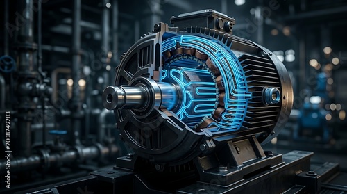 Detailed cross section of an electric motor revealing glowing blue internal components and intricate circuitry within an industrial setting