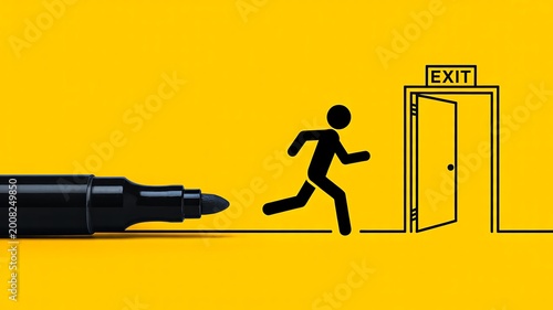 Running figure escaping from marker representing problem avoidance risk and escape concept