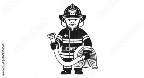 Photos Firefighter in uniform holding hose.