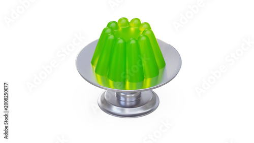 Green jelly dessert side view on stand isolated on transparent background, stylized 3DCG illustration