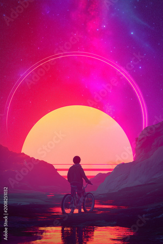 Bicyclist in surreal synthwave landscape at neon sunset background