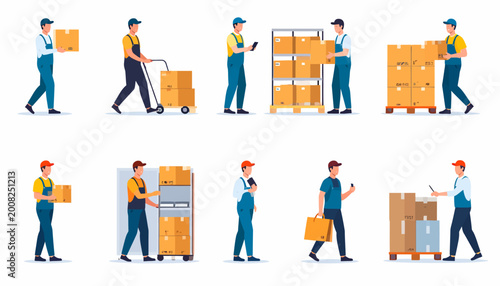 Flat illustration showcasing efficient delivery and logistics. Workers manage packages, warehouse inventory, and ensure smooth supply chain operations