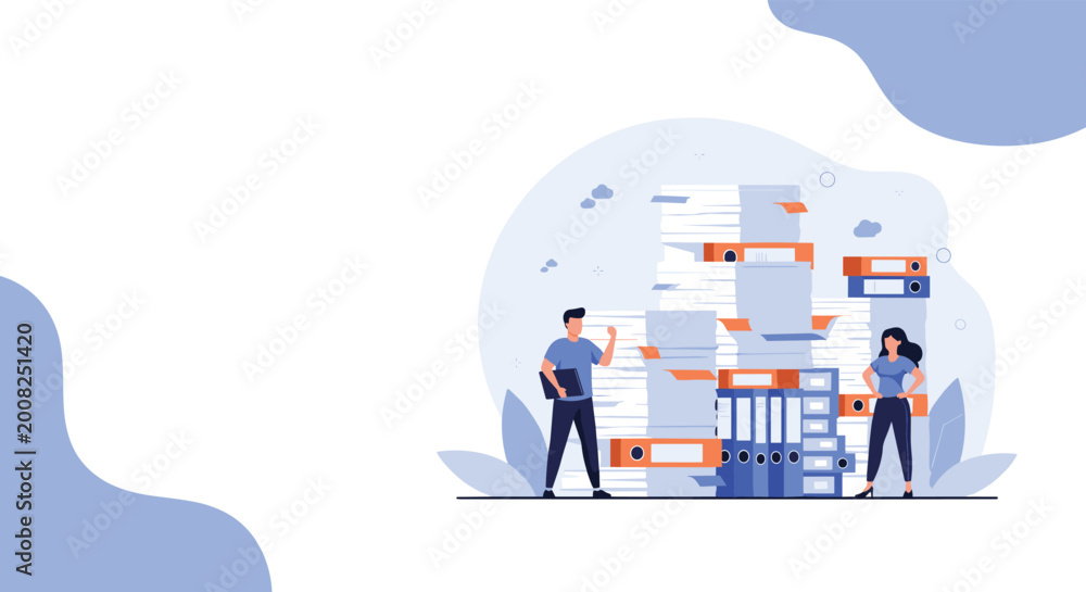 Fototapeta premium Professional man and woman standing amidst massive stacks of paper documents and folders in a busy office workspace.